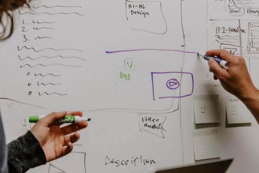 An image showing people mapping out user journeys on a whiteboard, which will be used to design content.