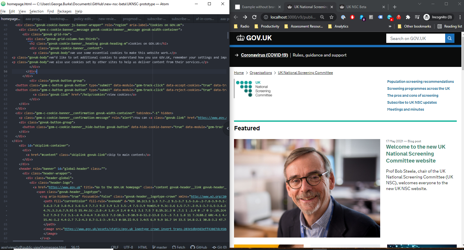 Screengrab shows a prototype version of the homepage of the UKNSC GOV.UK website on the right, with the html code powering it in a code editor on the left.
