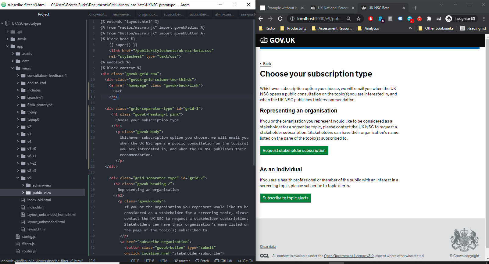 Screengrab shows a prototype version of the webpage of the UKNSC GOV.UK website on the right, with the html code powering it in a code editor on the left.