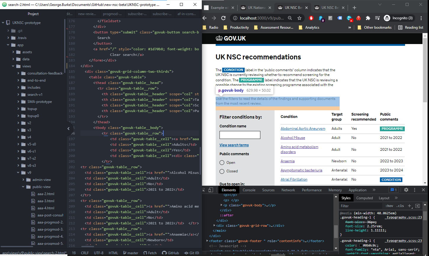 Screengrab shows a prototype version of the webpage of the UKNSC GOV.UK website on the right, with the html code powering it in a code editor on the left.