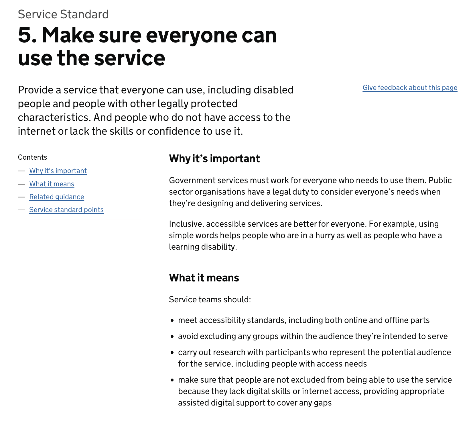 Screengrab from a GOV.UK webpage on the GDS Service Standard, section 5 'make sure everyone can use the service'.