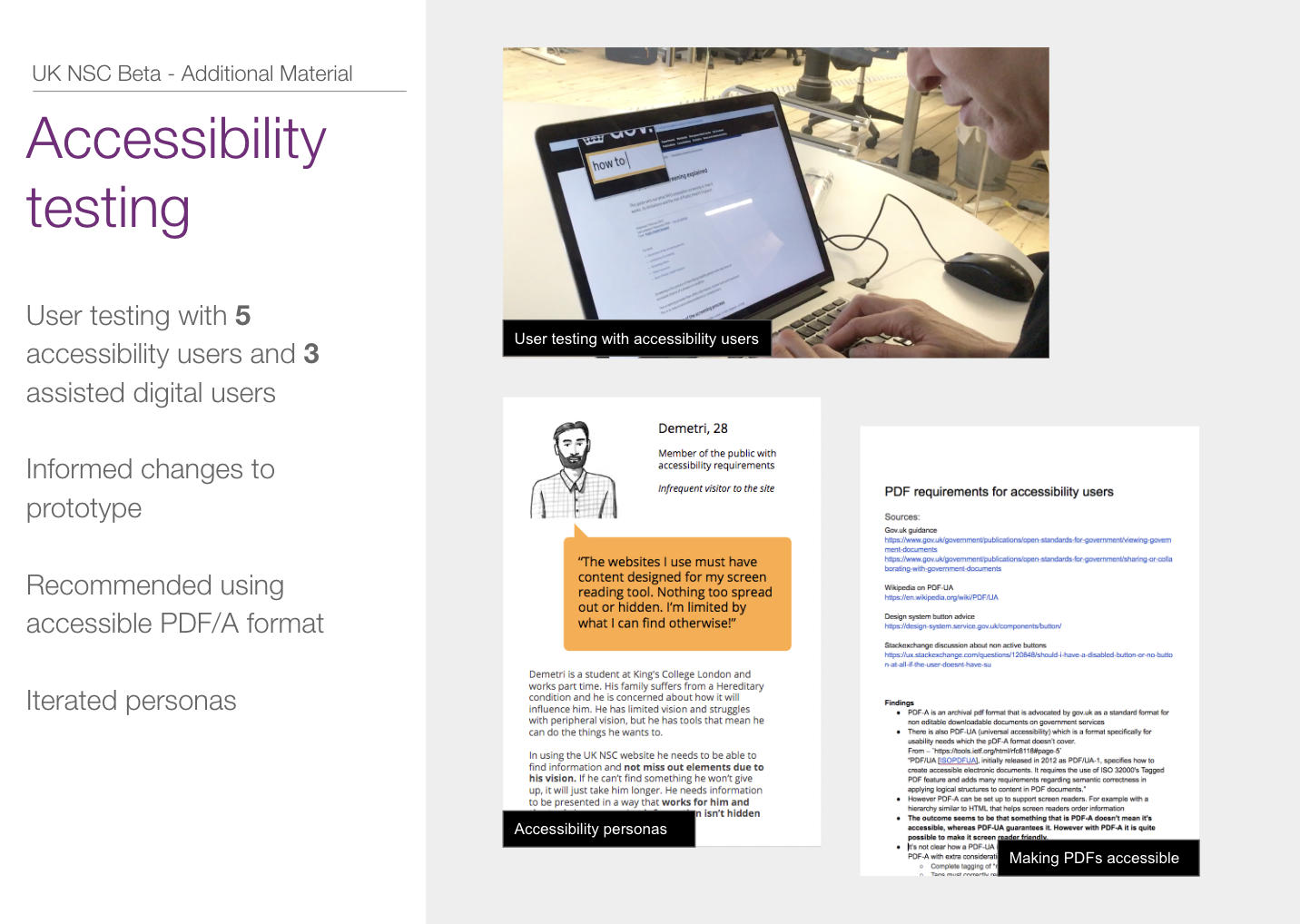 Screengrab of an overview of accessibility testing for UK NSC Beta project, including accessibility personas and an image of a person using a screen magnifier while using the website.