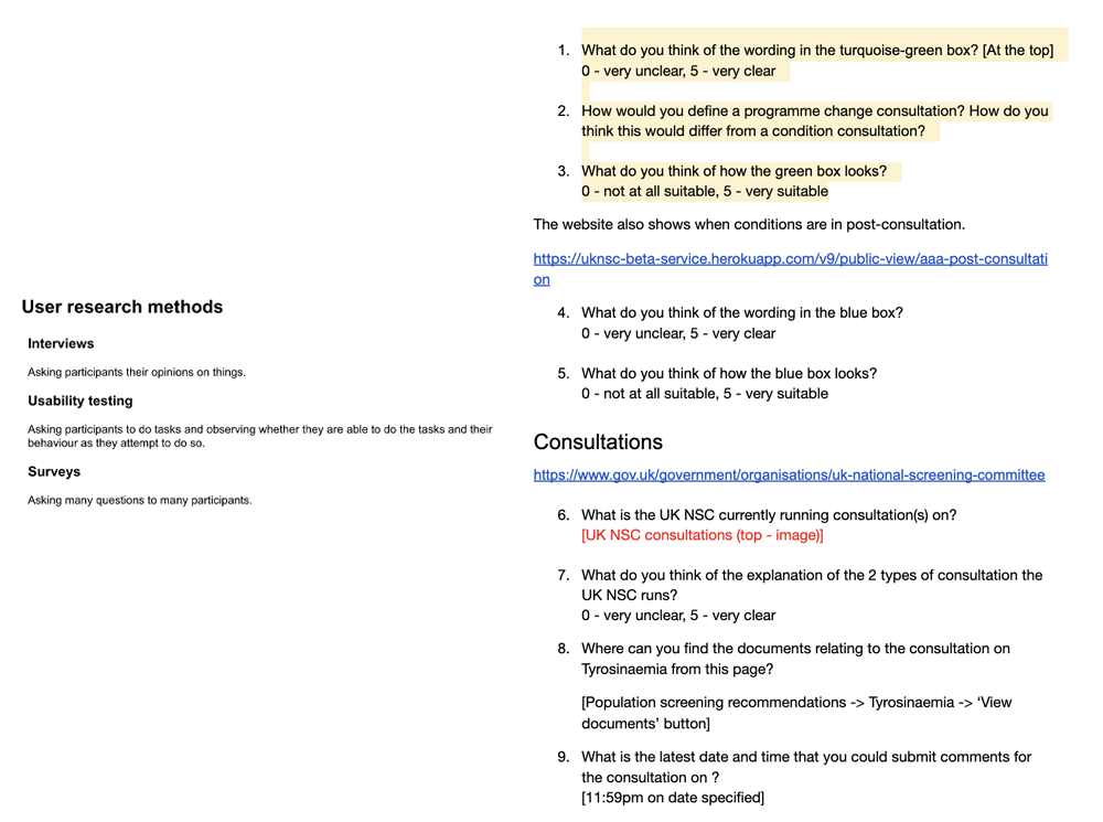 Screengrab shows example user research questions as well as methods used.